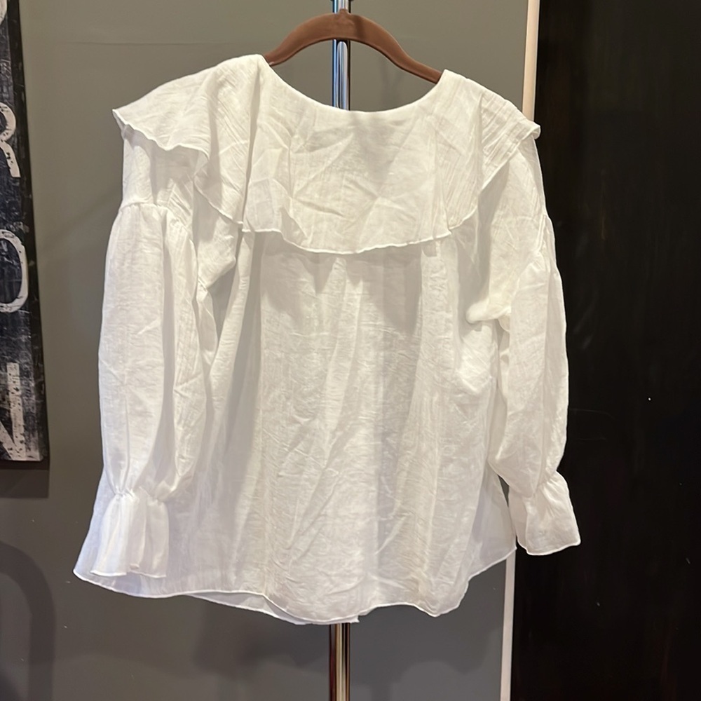 🍁🐠 Japanese Casual Elf boho peasant top ruffle floaty White medium - Picture 8 of 10